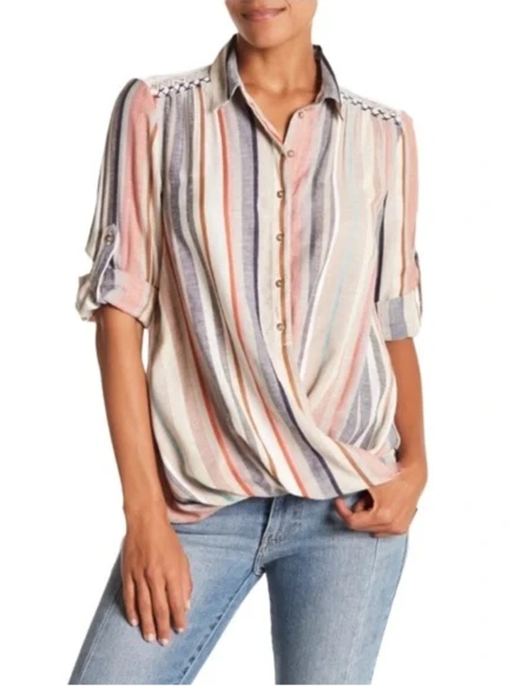 Relaxed Striped Button-Down Shirt in Blush, Navy & Cream